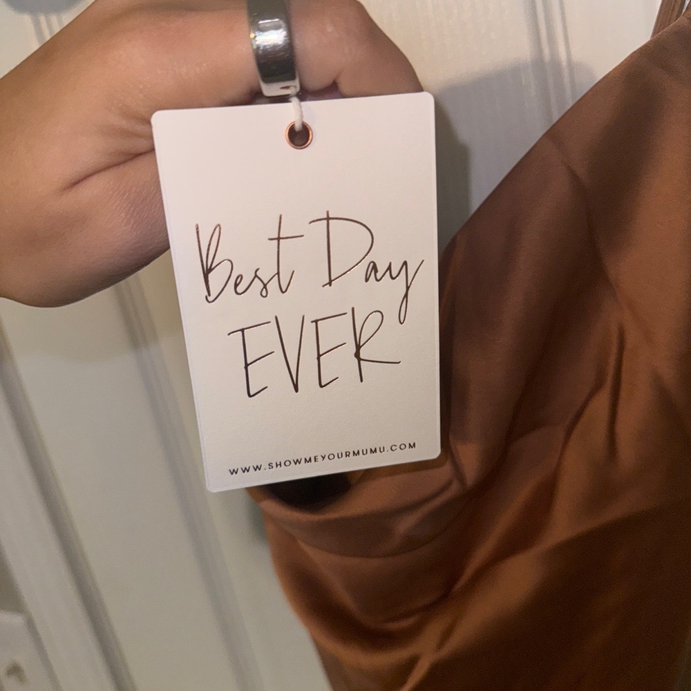 NWT Show Me Your MuMu Satin Midi Dress in Tan - Picture 7 of 8